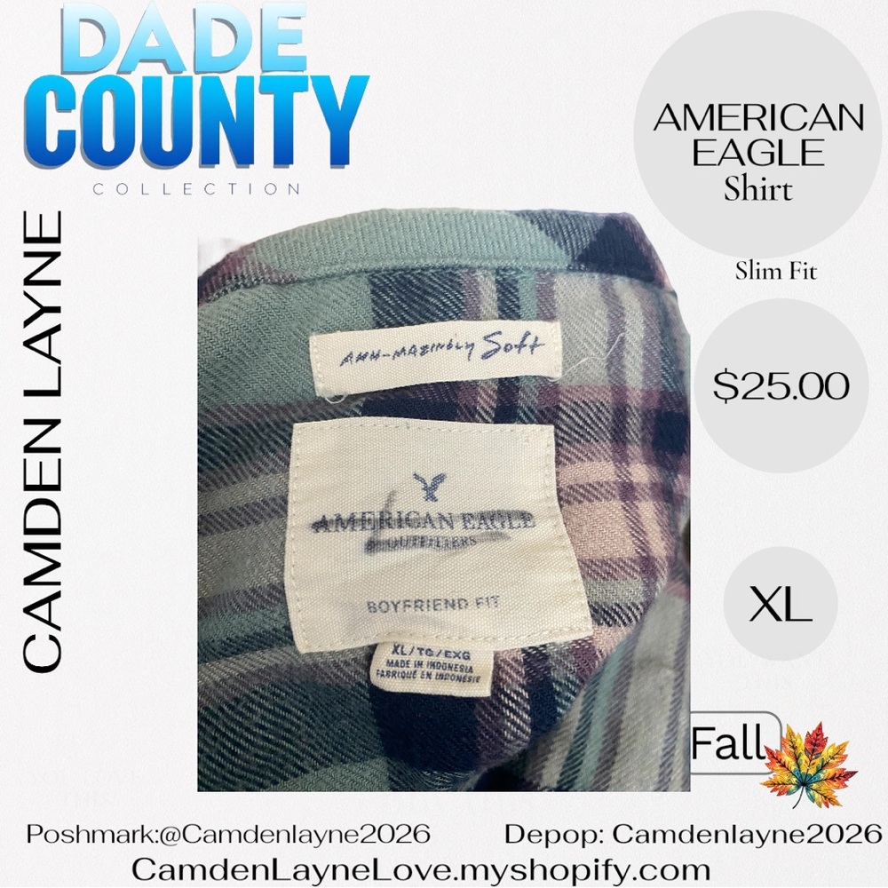 American Eagle Green, Purple and Pink Plaid Shirt - Picture 6 of 6